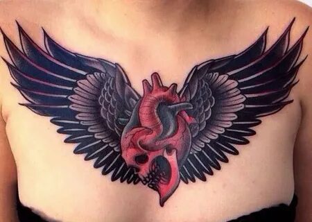 Amazing coloured skull heart with wings tattoo on chest by G