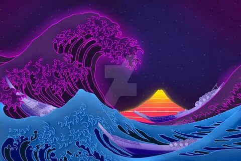 Wallpaper : vaporwave, synthwave, neon, The Great Wave off K