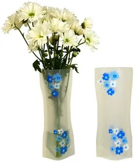 Plastic Floral Vase Blue White Flowers