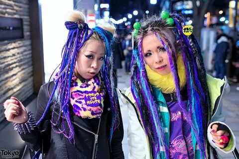 Eye-Catching Harajuku Girls w/ Purple Hair Falls, Platforms & Spikes.
