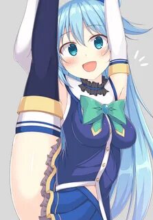 Safebooru - /\/\/\ 1girl :d aqua (konosuba) arms up blue eye