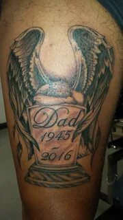 Memory tattoo, rest in peace, crying angel, thigh tattoo, he
