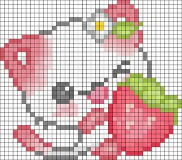 Cat Eating Strawberry Kandi Pattern Pixel art grid, Kawaii c