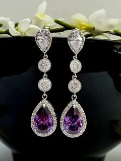 Wedding Bridal Earring Long LARGE Halo Amethyst Peardrop Cub