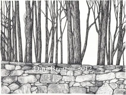 Pen and Ink Drawing Stone Wall and Woods by BrettArtsandCraf