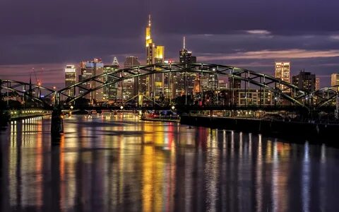 Miasto nocą, Frankfurt, Niemcy, Rzeka, Most