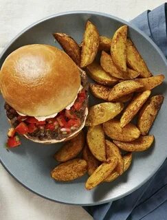 Easy beef burger recipe with tomato salsa and potato wedges 