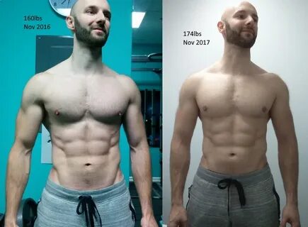 M/30/5'9" 160lbs 174lbs = 14 pounds gained (12 months). Bulk