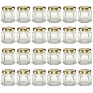 Pack of 24 1.5 oz Hexagon Mini Glass Jars with GOLD Lids and
