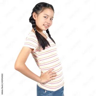 12 Years old Asian girl post profile on white background. фотография Stock Adobe