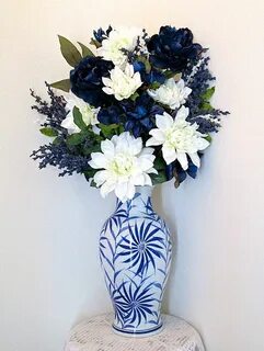 Silk Flower Arrangement with Large Blue and White Ceramic Va