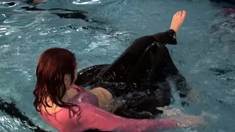 Jeans perfect feet Falling into pool girl - swimming underwa