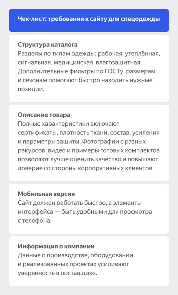 Требования к сайту для спецодежды