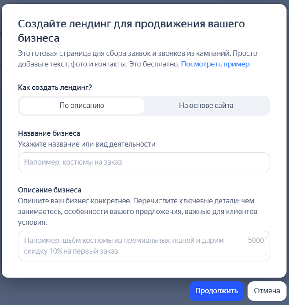 Форма для ввода информации о бизнесе в Мастере кампаний