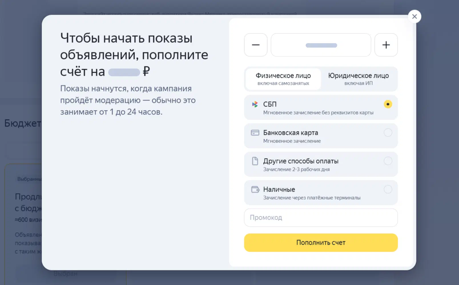 Выбор способа пополнения бюджета в Директе