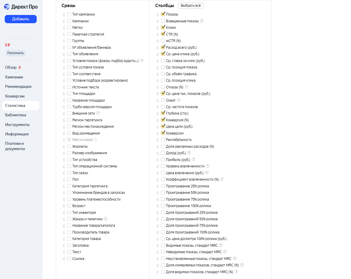 Статистика в Яндекс Директе