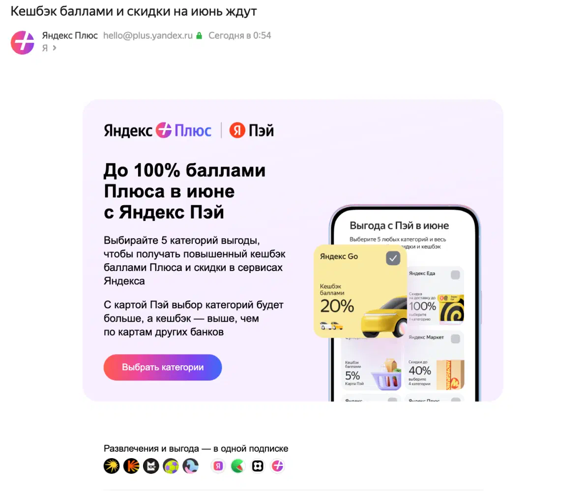Письмо с акцией от Яндекс Плюса