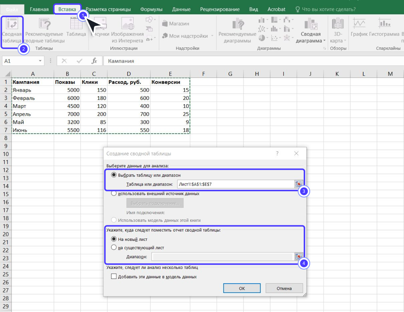 Создание сводной таблицы