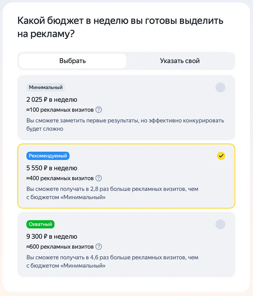 Выбор бюджета в Директе