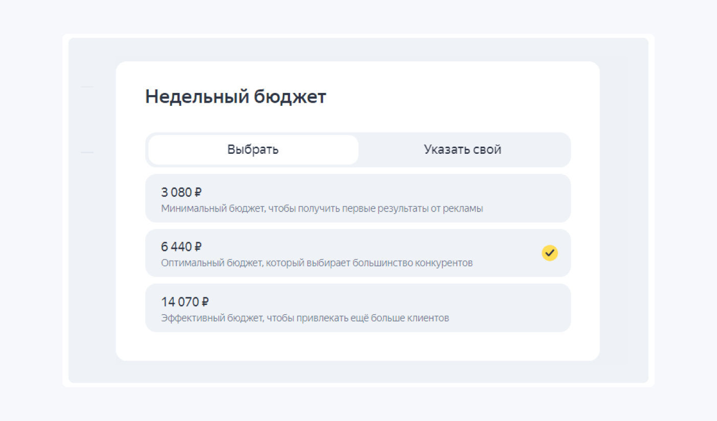 Варианты недельного бюджета рекламной кампании