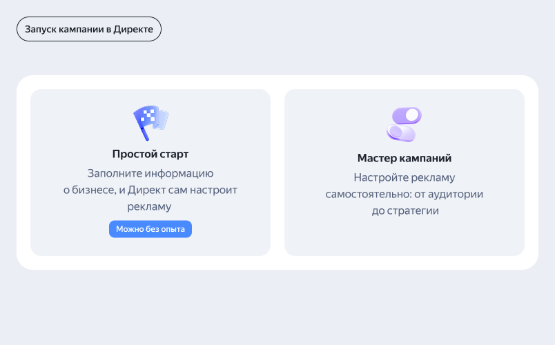 Выбор режима запуска продвижения в Директе