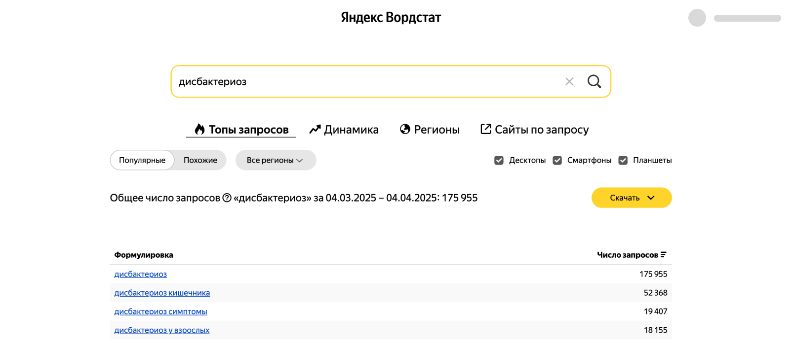 Интерфейс Яндекс Вордстата