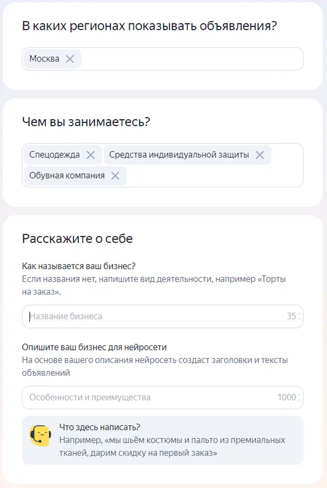 Описание бизнеса в настройках Яндекс Директа