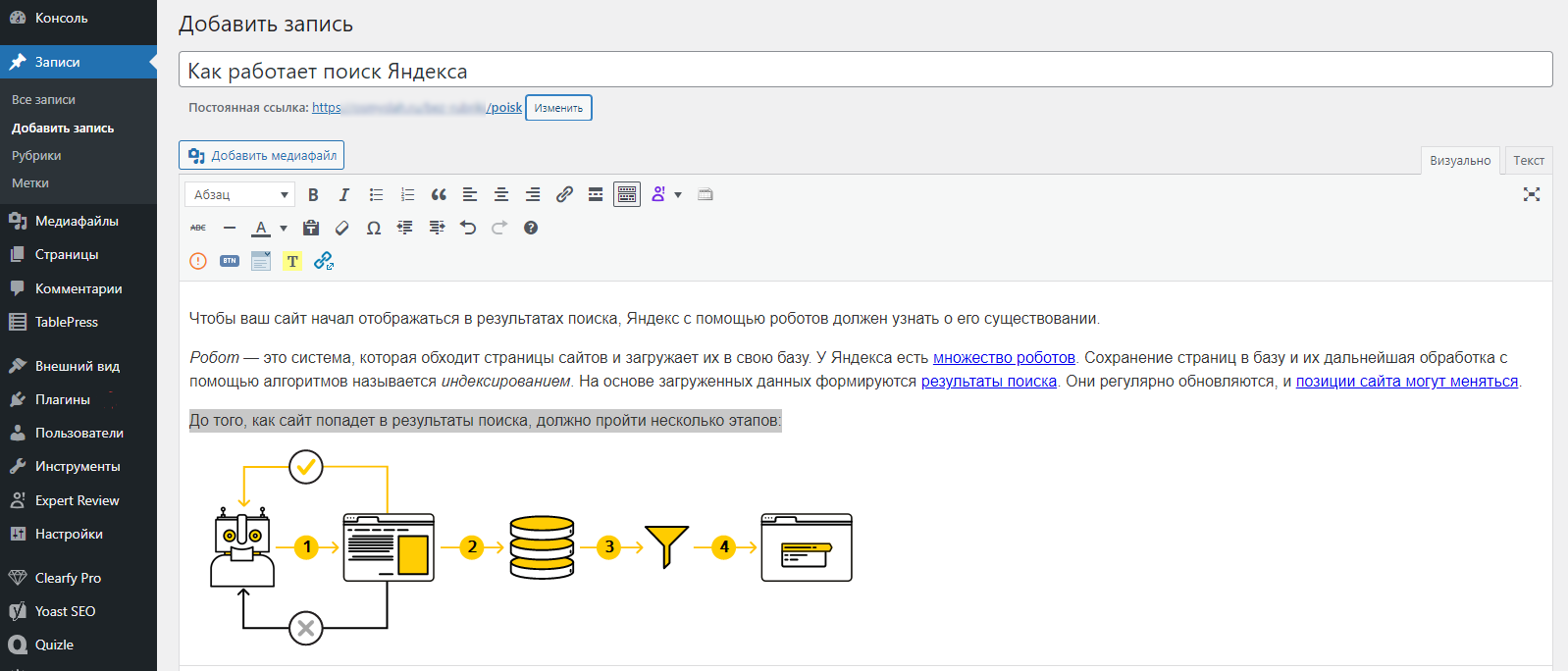 Новая запись в админпанели WordPress