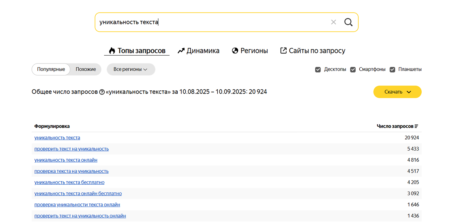 Интерфейс Вордстата