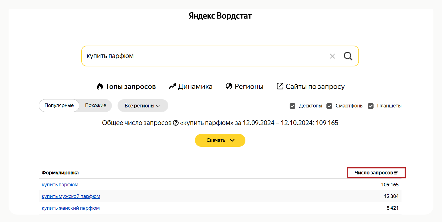 Расположение числа запросов