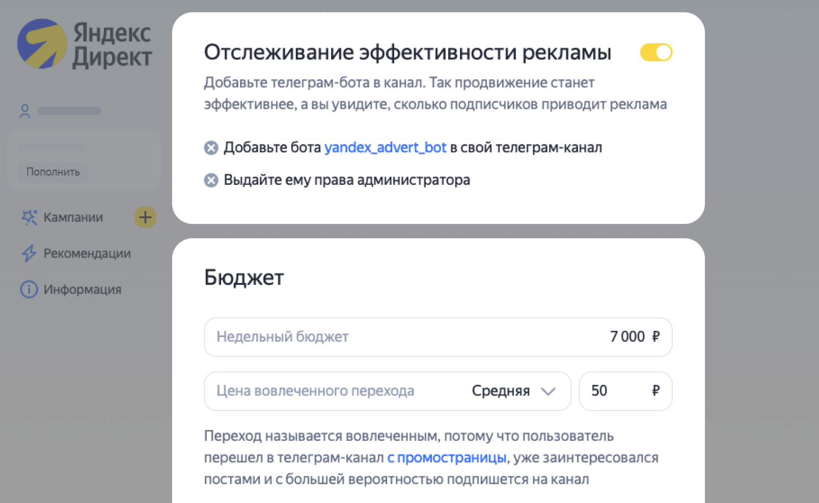 Блок настроек бюджета в Директе