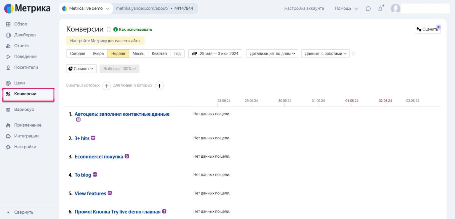  Отчёт по конверсиям в Яндекс Метрике