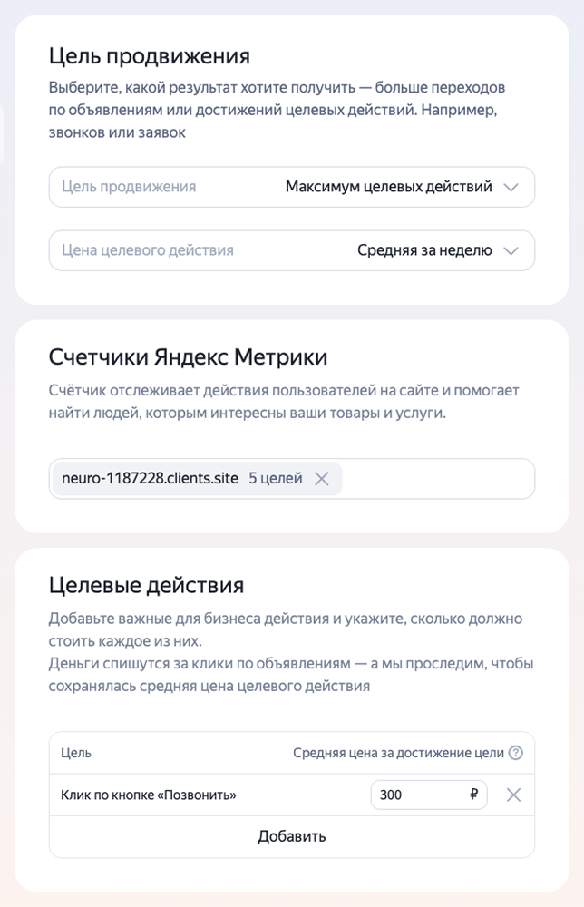 Цель продвижения и счётчик метрики