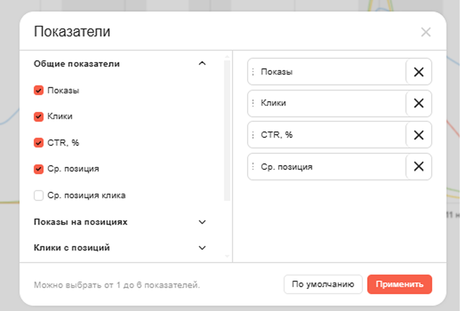 Выбор показателей для отчёта в Яндекс Вебмастере