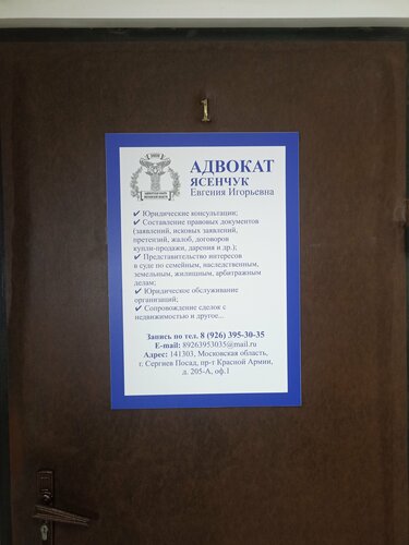 АДВОКАТ ЯСЕНЧУК ЕВГЕНИЯ ИГОРЬЕВНА