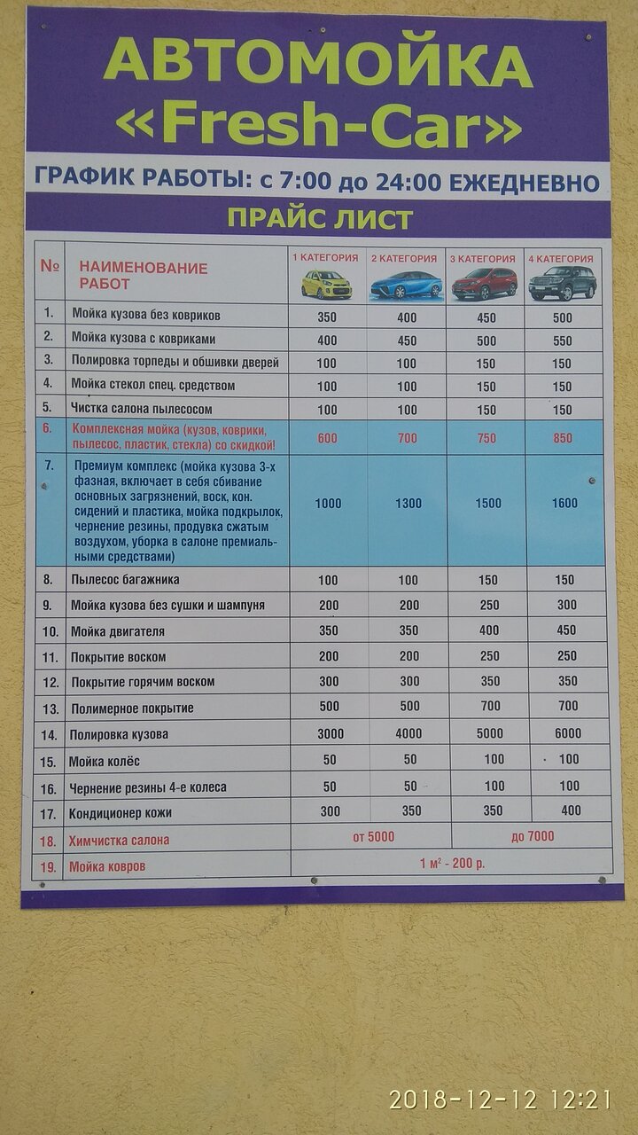 Прайс лист автомойки образец