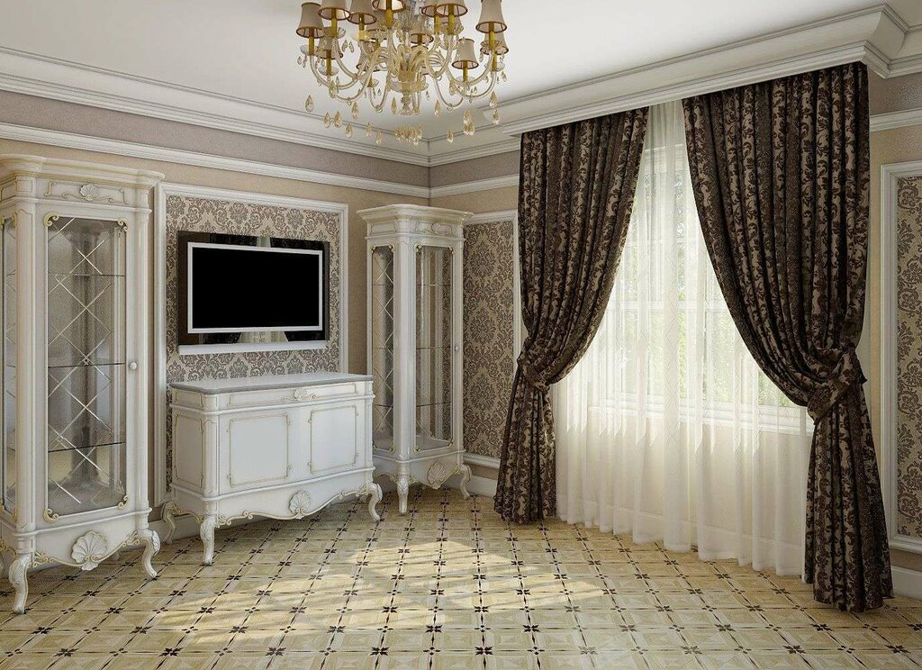 Интерьер штор в гостиной в классике