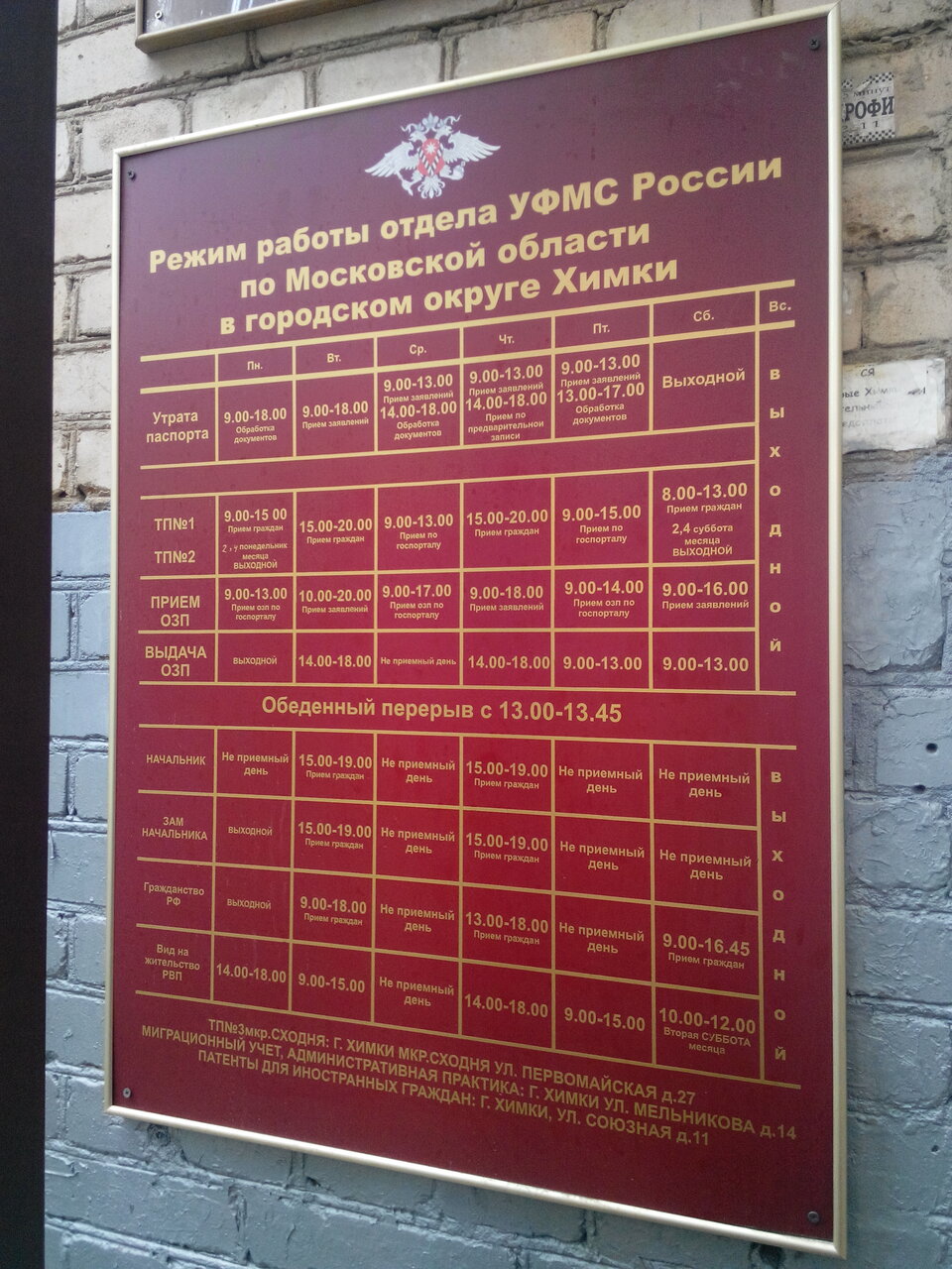 Паспортный стол химки победы график работы