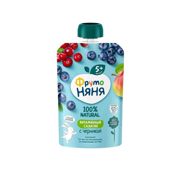 Пюре фрукт-ягод ФрутоНяня Витаминный салатик из ябл черн клюквы и брусн 90г пауч ДП
