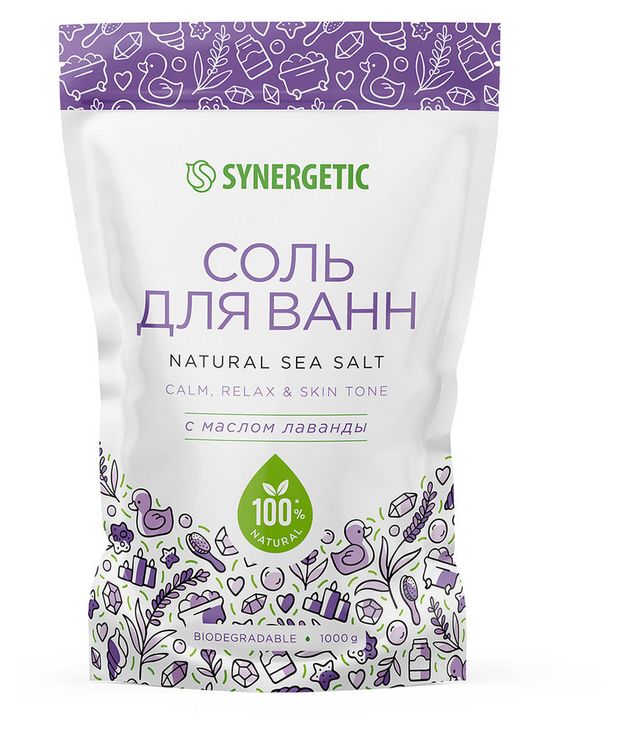 

Соль для ванн Synergetic Relax & Skin Tone с маслом лаванды 1 кг