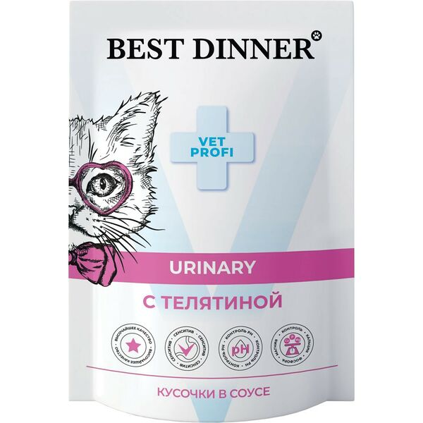 Корм влажный Best Dinner Exclusive Vet Profi Urinary для профилактики мочекаменной болезни, с телятиной, кусочки в соусе 85 г