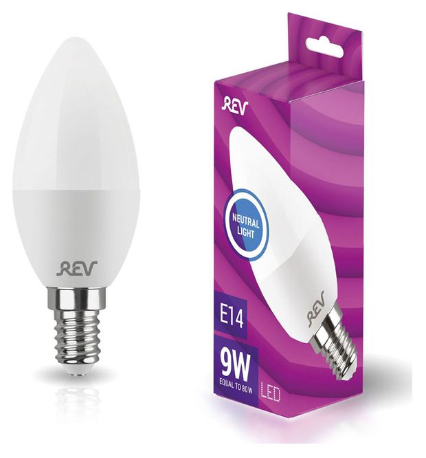 

Лампа светодиодная REV E14 4000K нейтральный свет, свеча, 9 Вт