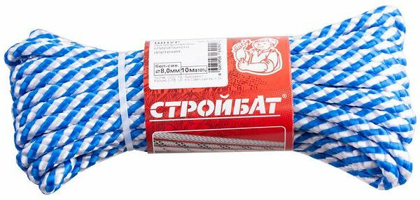 Шнур полипропиленовый спирального плетения Стройбат бело-синий 8 мм, 10 м