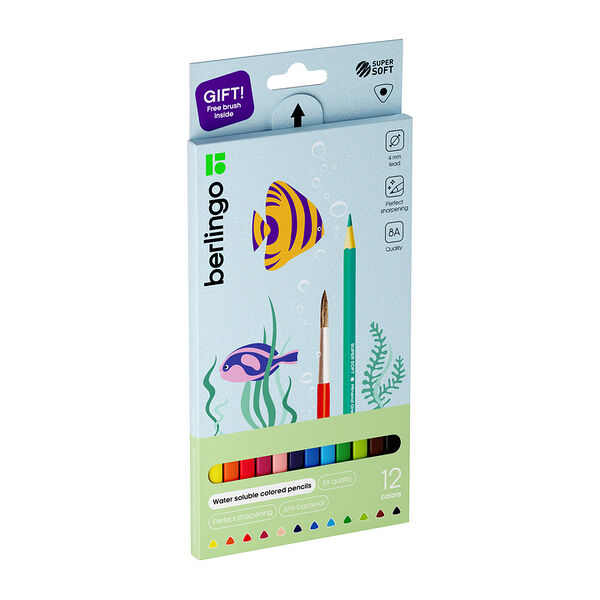 Карандаши Berlingo SuperSoft Рыбки, акварельные, с кистью, 12 цветов