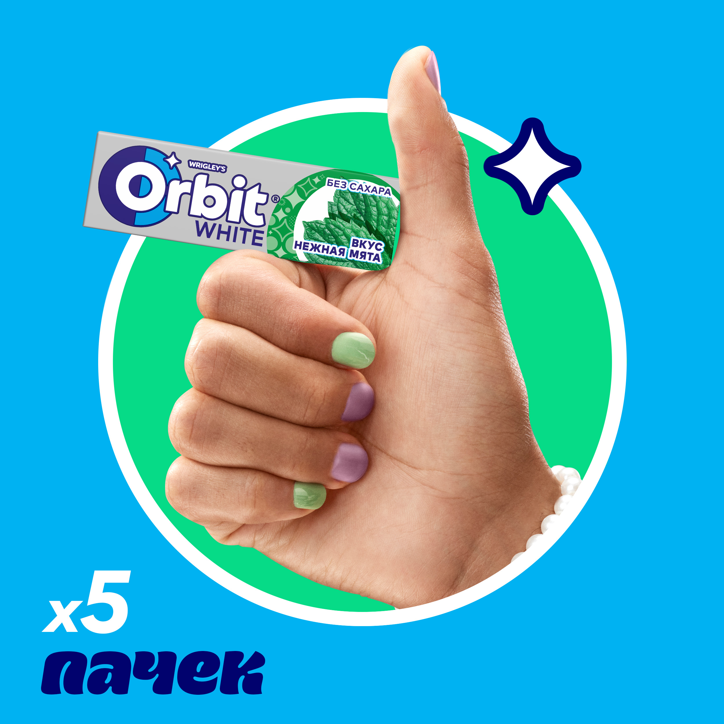 

Orbit White Нежная мята жевательная резинка без сахара, 5 шт по 13,6 г