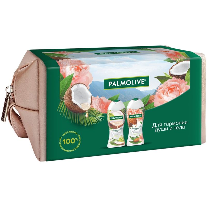 

Набор подарочный Palmolive Бережный уход: Крем-гель для душа Миндаль-пион 250 мл, Крем-гель для душа Кокос-лемонграсс 250 мл, Косметичка