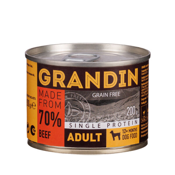 Консервы Grandin Adult для взрослых собак всех пород с говядиной и льняным маслом 200 г