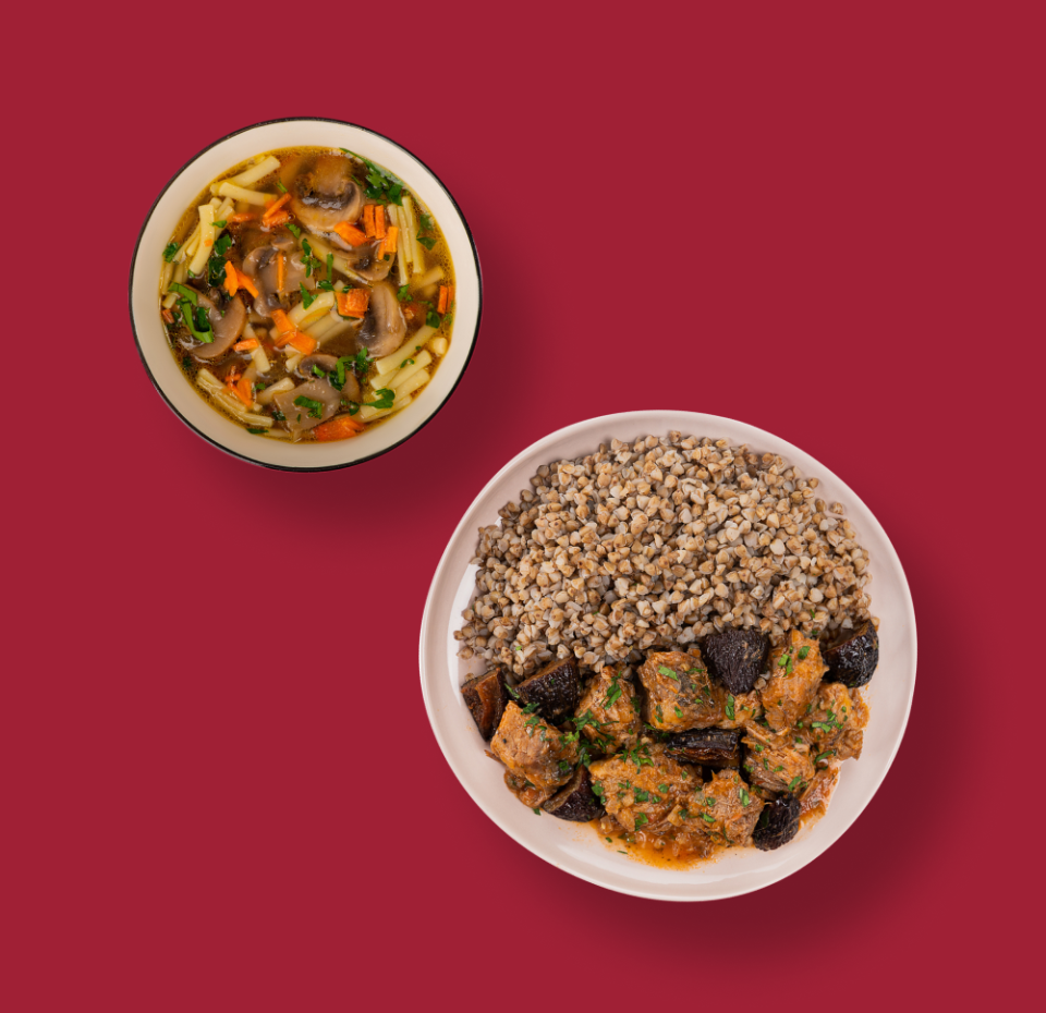 

Ланч Суп-лапша грибная 270 г + Гречка с говядиной, тушёной с черносливом 315 г Уже Готово, 585 г