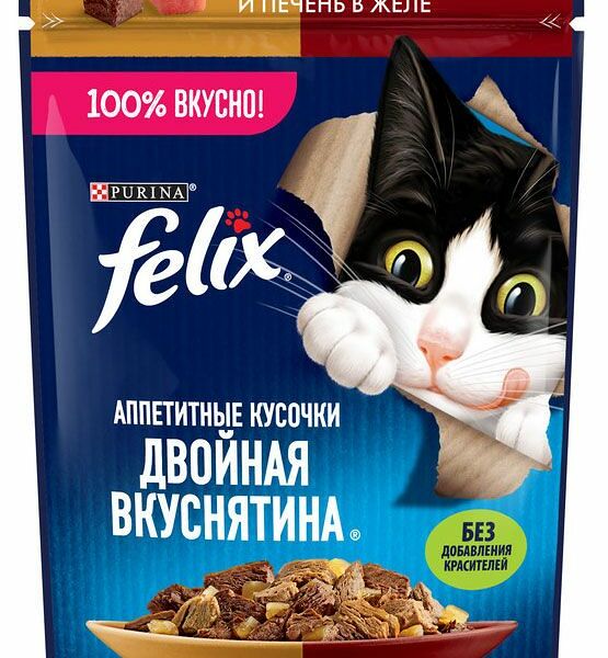 Корм для кошек Felix Аппетитные кусочки Двойная вкуснятина с индейкой и печенью в желе 75г