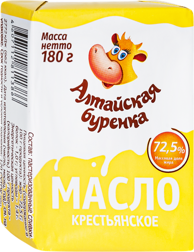 

Масло сладко-сливочное Алтайская Буренка Крестьянское 72.5% 180 г